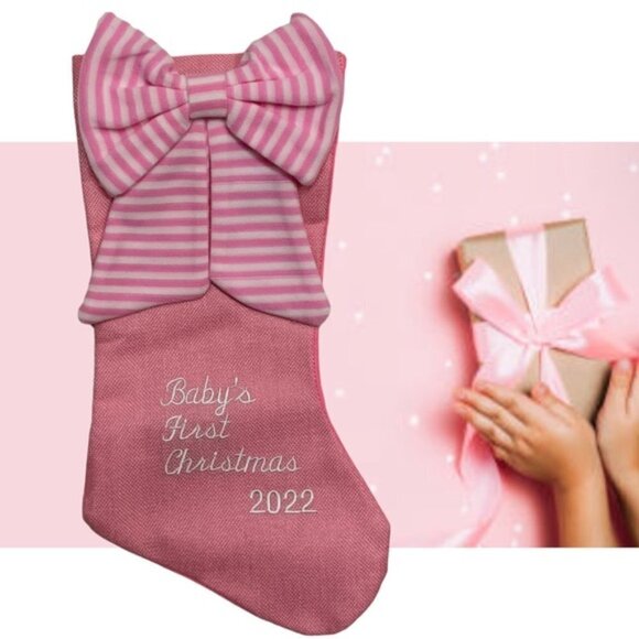 Baby First Christmas Stocking Embroidered 2022  Baby Girl Pink White 17 Inches - Picture 2 of 16